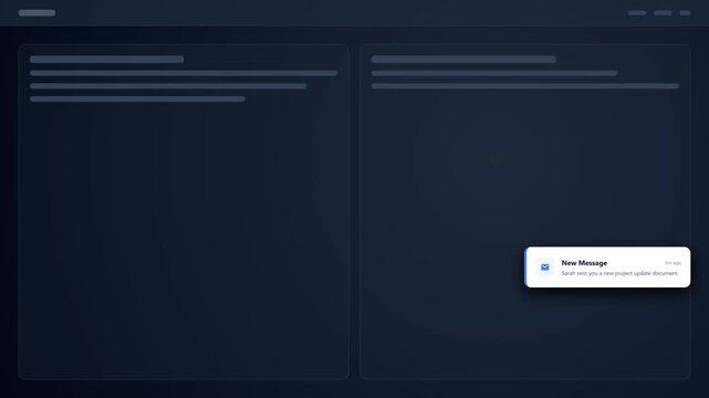 A microstock-safe animation of interactive toast notification cards sliding in from the right edge, where subsequent notifications push existing ones.
