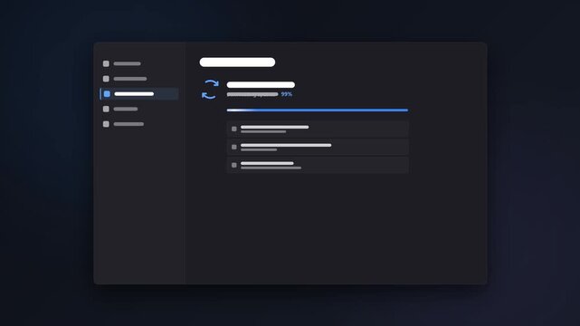 A Windows-style update panel appears with a smooth fade, featuring a dynamic progress bar filling from left to right with a sweeping shine effect.
