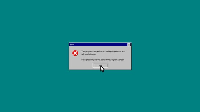 A classic retro error message window pops up abruptly with a one-frame appearance, featuring a pulsating red Critical Stop icon and a stiff, classic U.