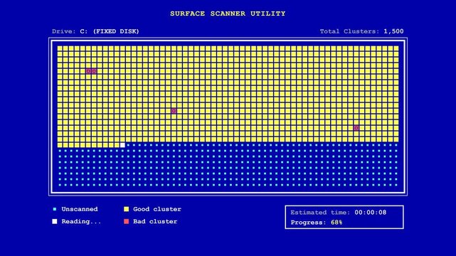 A microstock-safe, nostalgic MS-DOS style surface scanner animation. Features a classic blue background with a rigid grid of blocks rapidly scanning,.