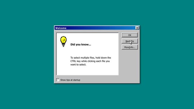 A microstock-safe retro Windows 95 style 'Tip of the Day' pop-up dialog. Features an abrupt appearance, a pixel-art lightbulb, and an instant text sna.