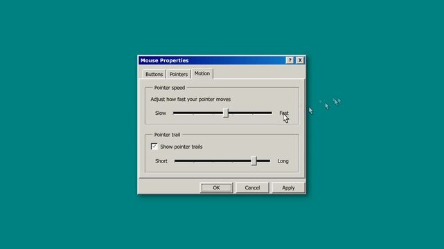 A classic Windows 95/98 'Mouse Properties' dialog demonstrating the iconic Pointer Trails feature. As the cursor sweeps swiftly across the screen in a.