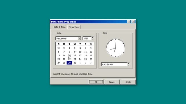 A microstock-safe retro animation of a classic OS Date/Time Properties dialog. The pixelated analog clock ticks rigidly every second. The cursor moves.