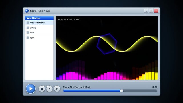 A microstock-safe retro animation of a sleek, silver Windows XP-era media player. Inside a central black panel, glowing neon waves and geometric shape.