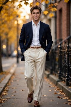 Handsome man in navy blazer walking on autumn city street
