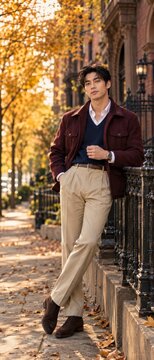 Stylish man in autumn clothing standing on city sidewalk
