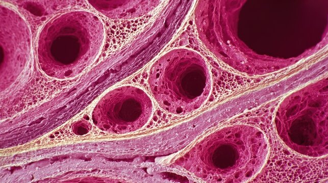 Dynamic loop of cellular proliferation in pink layered endometrium illustrating pathologic thickening process under light microscopy.