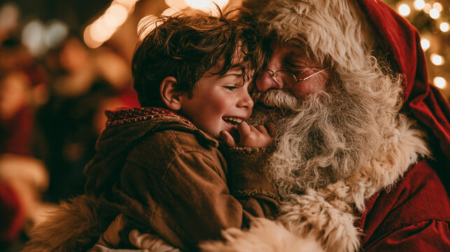 Happy Little Boy Hugging Santa Claus at Christmas