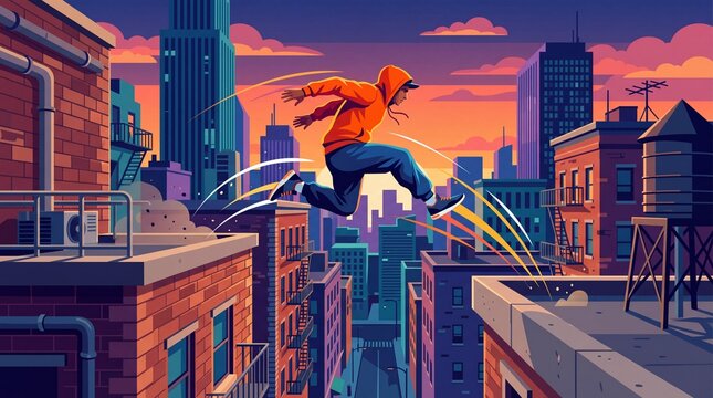 Parkour Athlete Jumping Across Rooftops in City Illustration