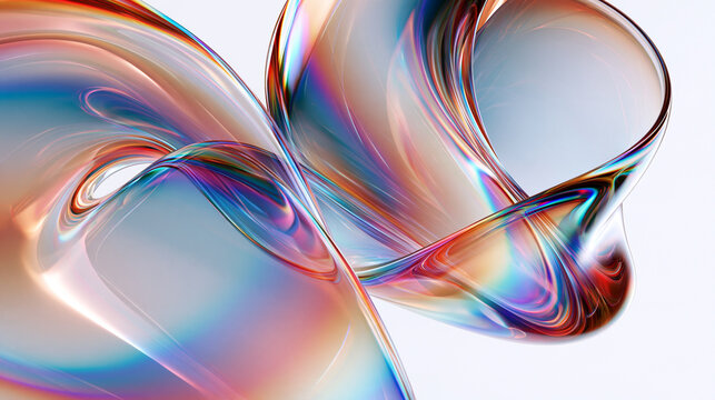 Abstract 3D Iridescent Fluid Glass Wave on White Background