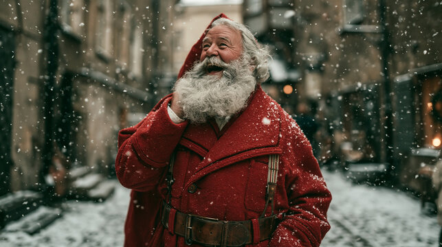 Cheerful Santa Claus Laughing in Falling Snow Outdoors