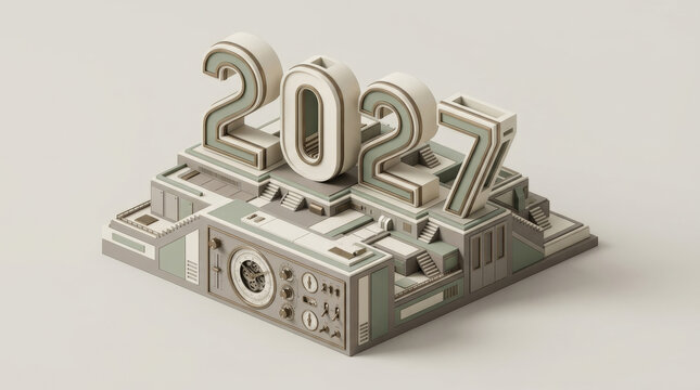 Geometric 2027 numbers on a layered structure with intricate details, symbolizing progress.