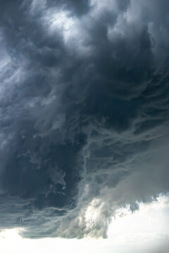 View of dark, turbulent storm clouds filling the sky, indicating severe weather conditions in Oklahoma City, Oklahoma, United States.