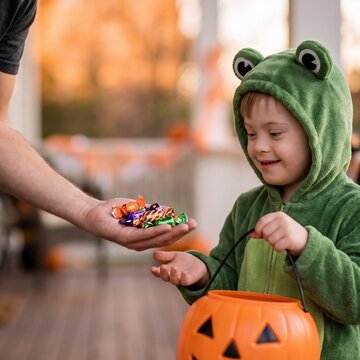 Child with Down syndrome in frog costume receives candy into pumpkin bucket from adult. Halloween trick or treat tradition. Costume party and seasonal celebration. Inclusive holiday celebration