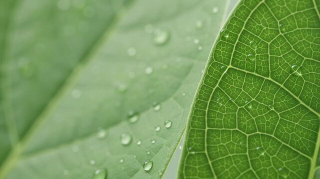 Macro view of green leaf texture with dewdrops, bright glowing energy pulsing through veins on the right, soft negative copy space on left.