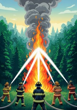 Diverse firefighters in protective gear direct synchronized water streams at active orange flames within a dense, smoke-filled green forest, smoke, multicultural, hose