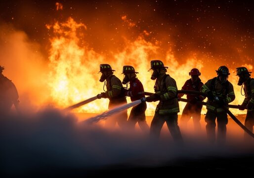 Diverse first responders in protective gear carry heavy hose lines through thick smoke toward an advancing wall of flame during a wildfire, red, ash, equipment