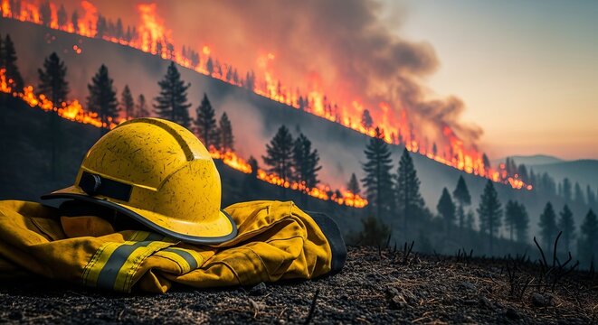 Detailed view of yellow protective gear amidst a fierce wildfire across a steep pine ridge with intense orange flames and thick gray smoke, intense, landscape, climate