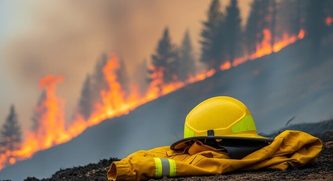 Detailed view of yellow protective gear amidst a fierce wildfire across a steep pine ridge with intense orange flames and thick gray smoke, forest, landscape, terrain