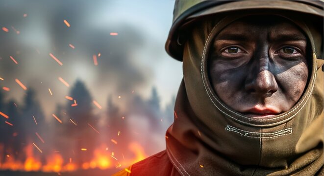 Detailed view of soot-covered skin and protective headwear in a uniform, set against a hazy forest fire with thick smoke and embers, heat, light, duty