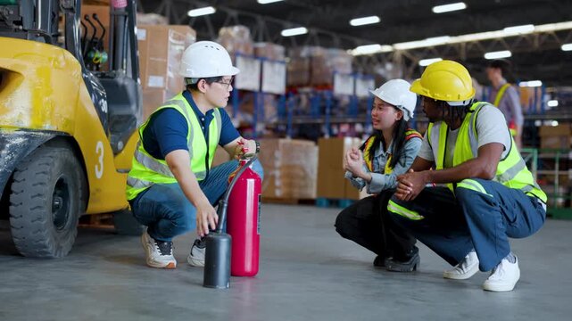 Warehouse workers in hard hats receive fire extinguisher safety training beside a forklift, reviewing emergency procedures and equipment use on the warehouse floor.