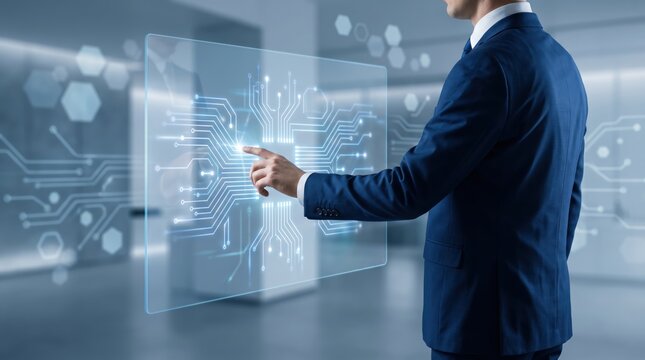 Businessman interacting with holographic circuit board display showing microchip architecture, representing hardware engineering design, semiconductor manufacturing process
