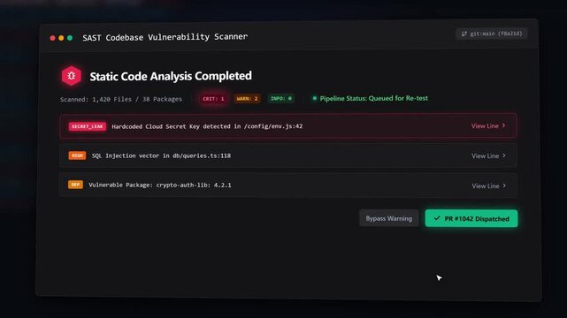 Cybersecurity Code Scanner Interface Animation Static Application Security Testing, Vulnerability Detection, and DevSecOps Dark Mode UI