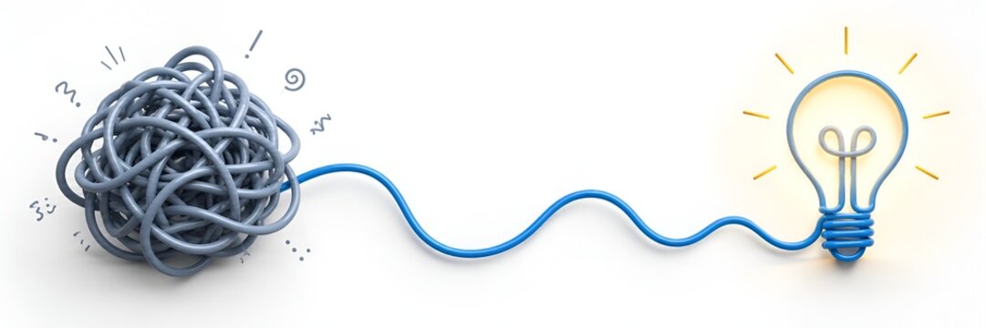 Tangled blue wire transforming into a glowing lightbulb representing a bright idea emerging from a complex problem.