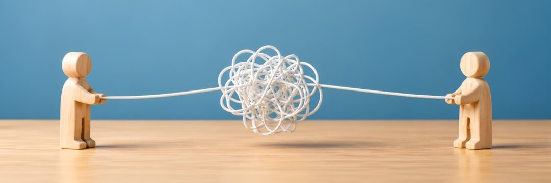 Two wooden figures pulling a tangled string from opposite ends to solve a complex problem against a blue background.