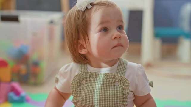 Toddler girl with bow looking up while sitting on foam playmat in playroom wearing green gingham overalls; curiosity innocence.