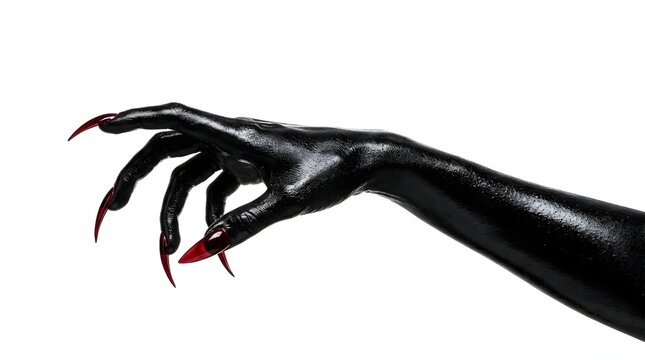 A dark scary shadow of a monster hand making an okay gesture Black painted arm and hand with long sharp red claws reaching forward against