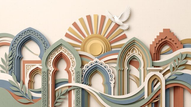 Ramadan Kareem Paper Cut Background with Islamic Arches and Dove of Peace