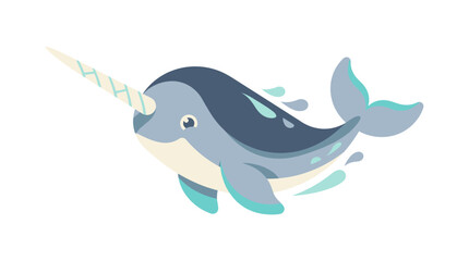 Blue narwhal swimming in water with white tusk. © Barko