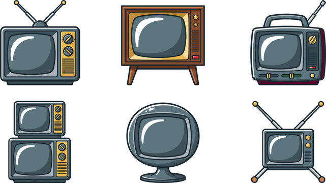 Retro television illustration collection featuring vintage CRT televisions, rabbit ear antennas, wooden TV cabinets, rounded screens and nostalgic broadcast devices