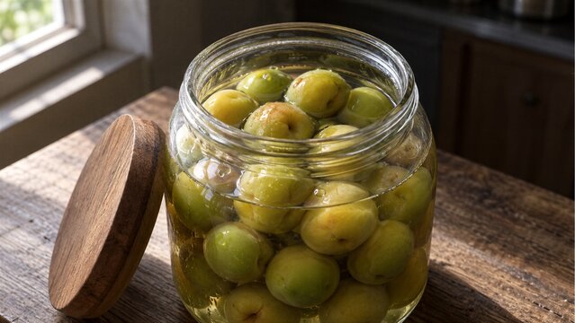 Fermented Fruit in a Jar: A close-up shot of a clear glass jar filled with whole, green fruits submerged in a clear liquid, hinting at a fermentation process.