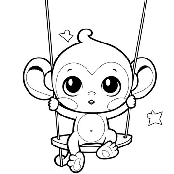Cute Baby Monkey Swinging on Swing Coloring Page