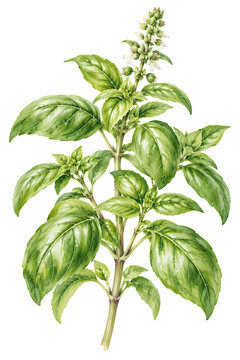 Fresh green sweet basil plant with Ocimum basilicum scientific name, detailed botanical watercolor illustration isolated on white background for culinary use