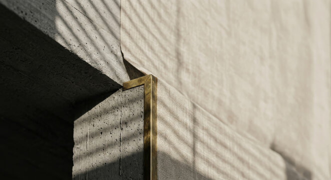 Neutral background with a concrete texture, gold detail, and sunlight shadows, providing space for text - arquitetura brutalista 