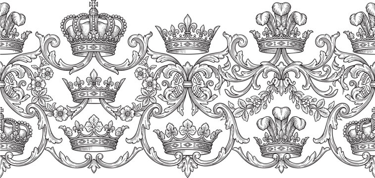 Seamless decorative border pattern featuring royal crowns, filigree scrolls, and floral in a detailed black and white style