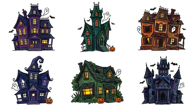 Set of six handdrawn haunted houses for halloween, featuring spooky mansions, ghosts, bats, and jackolanterns in a whimsical cartoon style isolated on white background