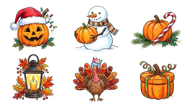 Set of festive holiday illustrations featuring a jackolantern with santa hat, snowman with pumpkin, pumpkin with candy cane, lantern, turkey, and pumpkin gift box isolated on white background