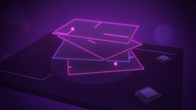 Magenta stack of glass circuit layers rotating close-up looping motion