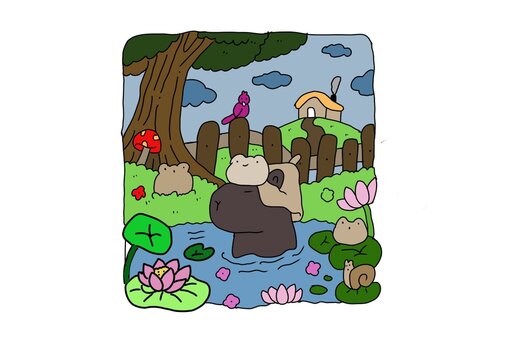 Colorful hand-drawn pond with frogs, lotus flowers, lily pads, mushrooms, and a cottage. Whimsical nature illustration.