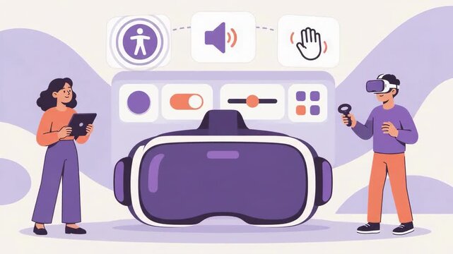People interacting with virtual reality headset and accessibility icons in vector illustration style