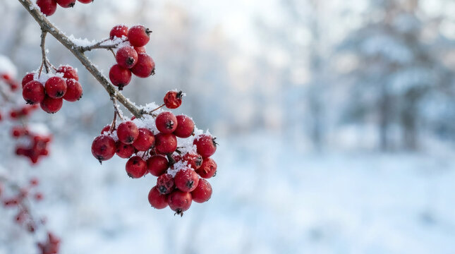 Bright red winter berries covered in snow on a branch against a blurred background