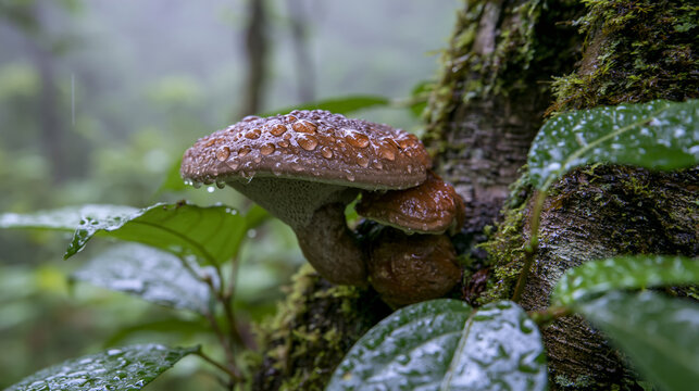 rain covered brown mushrooms growing on a mossy tree trunk
