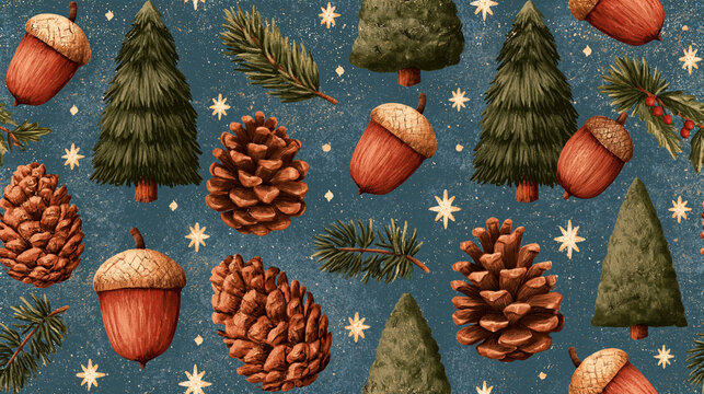 Seamless Winter Pattern with Pine Cones, Acorns and Christmas Trees