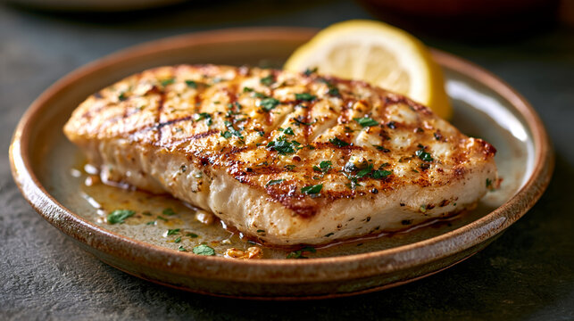 grilled fish fillet with herbs and a lemon slice