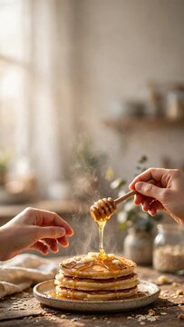 Vertical frame of hands drizzling honey over pancakes, breakfast b-roll with copy space