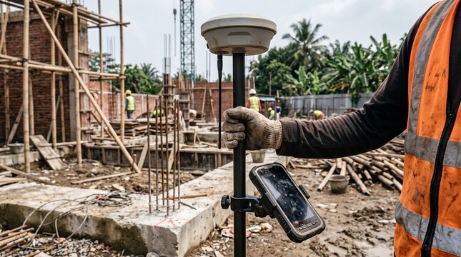 Close-up of a surveyor in a safety vest holding a GNSS RTK GPS rover pole with a data collector at an active building construction site